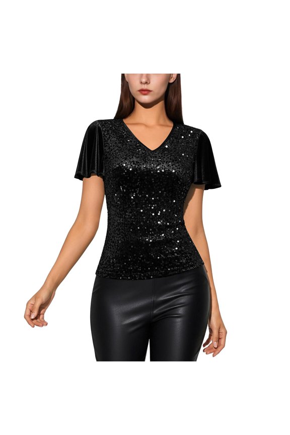 Womens Sequin Tops Glitter V Neck Ruffle Sleeve Sparkly Blouses for Cocktail Evening Party Club Concert Shirt