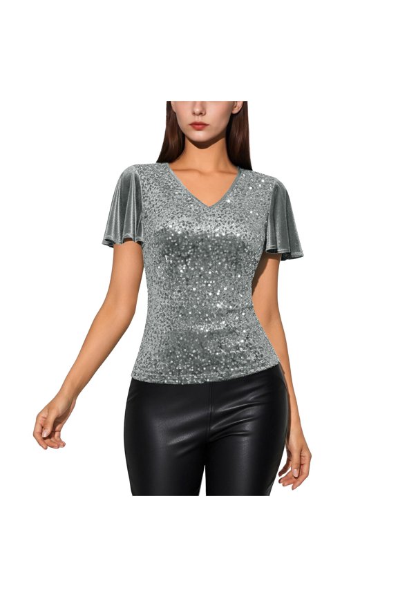 Womens Sequin Tops Glitter V Neck Ruffle Sleeve Sparkly Blouses for Cocktail Evening Party Club Concert Shirt