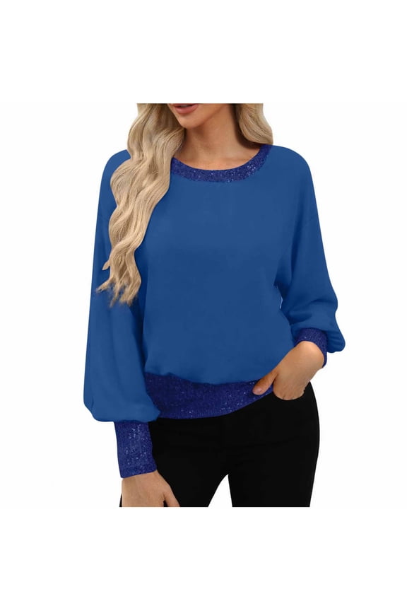 Womens Sequin Tops Long Dolman Sleeve Shirts Patchwork Crewneck Pullover Top Glitter Smocked Cuffs Shirts Casual Dressy T-Shirts Fashion Sparkle Spring Blouses Formal Clothes