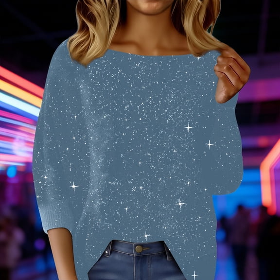 Womens Sequin Tops Long Sleeve Sparkle Shirts Shimmer Glitter Party Going Out Blouses Crewneck Loose Fit Concert Outfits 2026,Off Shoulder Glitter Sliver Printed Fashion Dressy Party Club Shirts