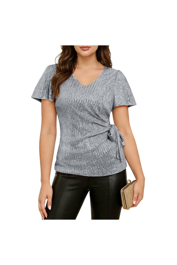 Womens Sequin Tops Ruffle Sleeve Sparkly Shirt Glitter Party Blouses Dressy Concert Disco Tops Silver