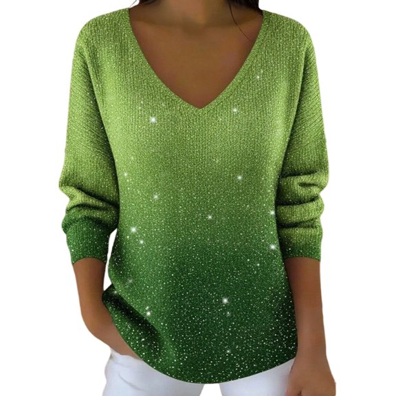 Womens Sequin Tops V Neck Long Sleeve Shirt Casual Long Sleeve Sparkle Sequins Top Dressy Blouses Green S