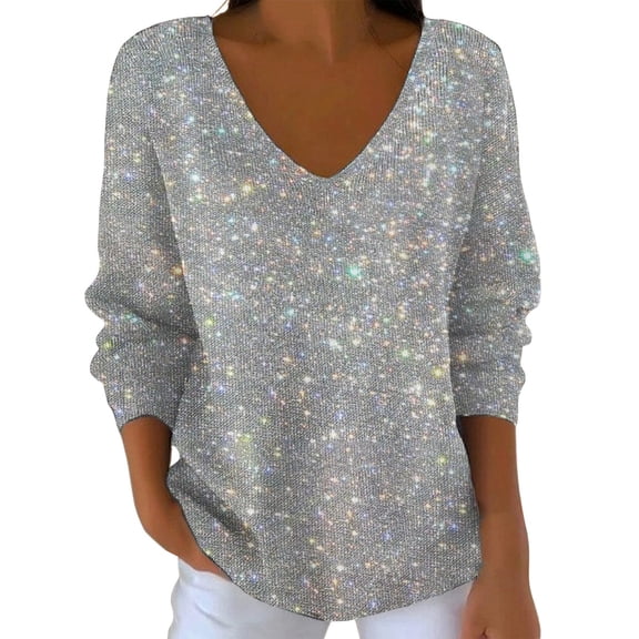 Womens Sequin Tops V Neck Long Sleeve Shirt Casual Long Sleeve Sparkle Sequins Top Dressy Blouses Grey S