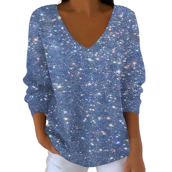 Womens Sequin Tops V Neck Long Sleeve Shirt Casual Long Sleeve Sparkle Sequins Top Dressy Blouses Sky Blue S