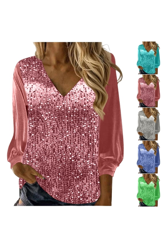 Womens Sequin Tops V Neck Sparkly Glitter Blouses Trendy Patchwork Long Sleeve Holiday Evening Party Shiny Dressy Shirts Silver 2XL