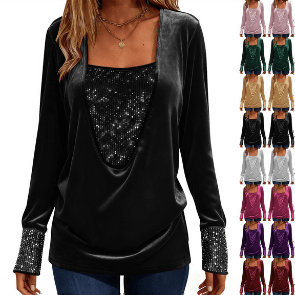 Womens Sequin Velvet Tops V Neck Long Sleeve Sparkle Shirts Casual Loose Shimmer Dressy Fall Evening Club Party Blouse Tops