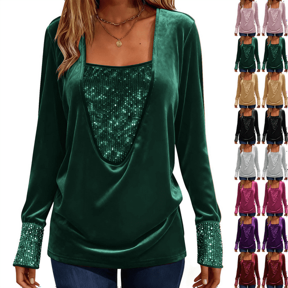 Womens Sequin Velvet Tops V Neck Long Sleeve Sparkle Shirts Casual Loose Shimmer Dressy Fall Evening Club Party Blouse Tops