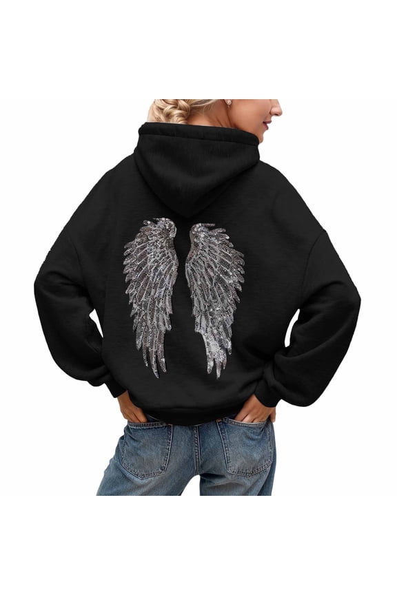 Womens Sequin Wing Hoodie Embroidered Sparkling Shimmering Long Sleeve Lined Winter Pullover Tops Black