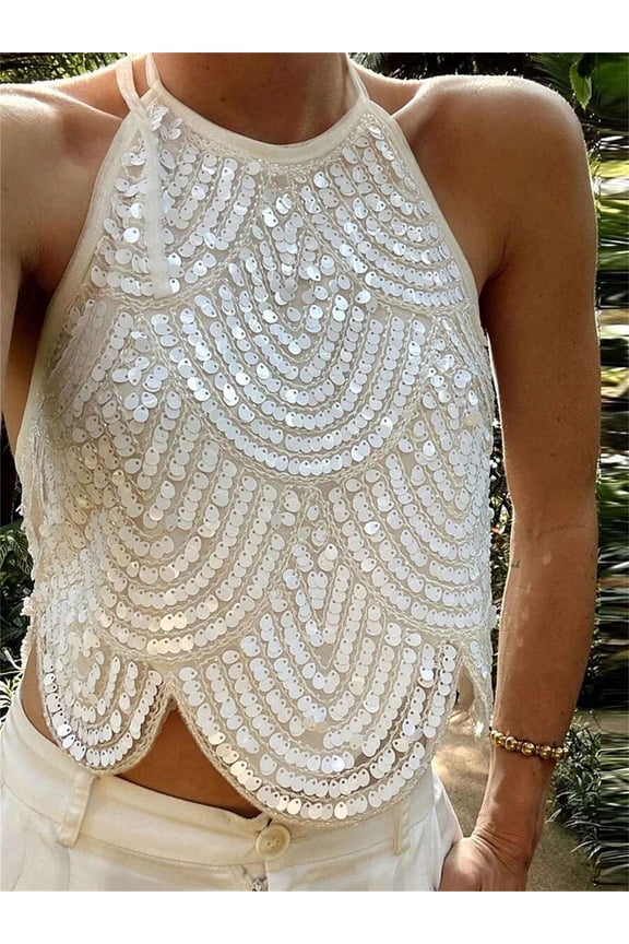 Womens Sequined Halter Crop Top - White, 1 Pack