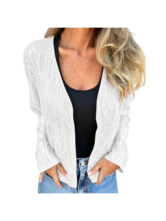 Womens Sequins Cardigan Jackets with Polyester Lining Shiny Sparkle Glitter Party Disco Outfits Long Sleeve (XL, White)