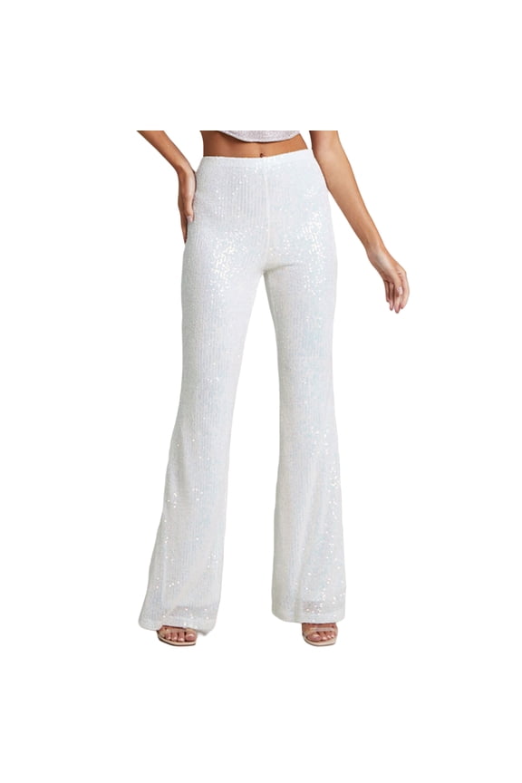 Womens Sequins Glitter Long Pants, Slim Flared High Waist Elastic Band Bell Bottoms Lounge Trousers