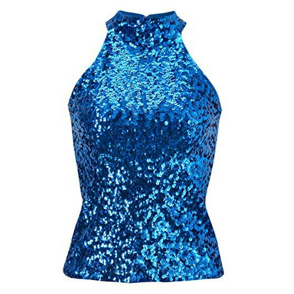 Womens Sequins Neck Short Vest Tops Party Club Clothes Pull on Closure Night Out Blouse
