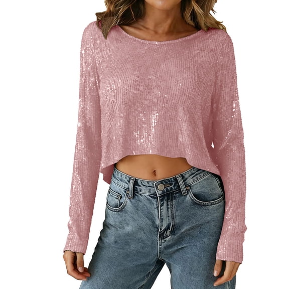 Womens Sequins Shirts Top Long Sleeve Crop Tops Casual Loose Fit Cropped T-Shirts Crew Neck Fall Trendy Tee Shirts