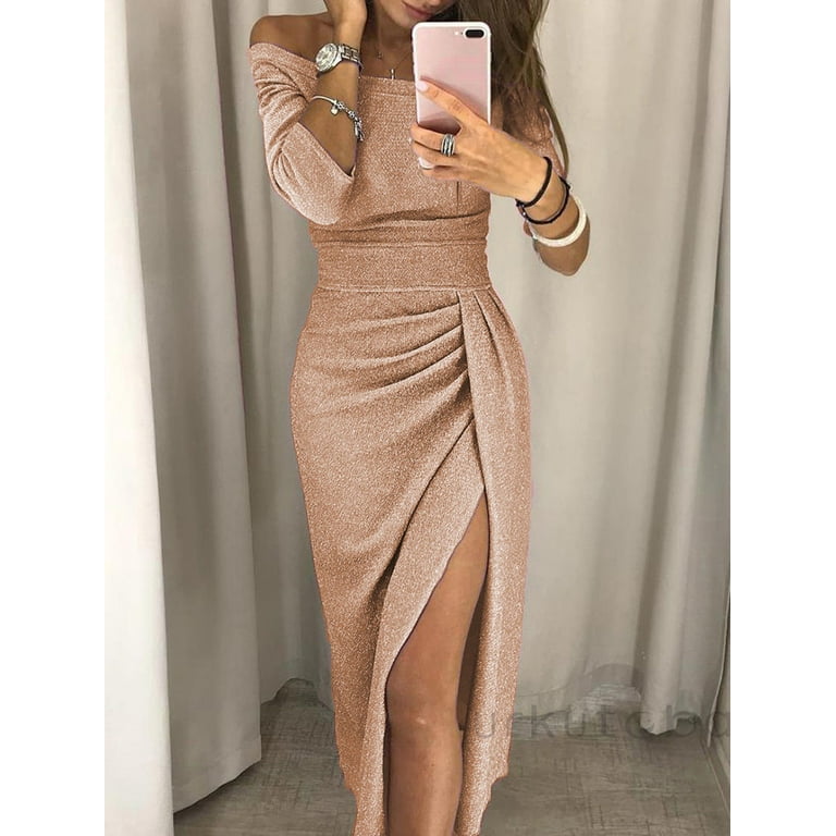 Womens Sequins Split Thigh Off Shoulder Maxi Dress Side Slit Long Sleeve Solid Long Party Dresses