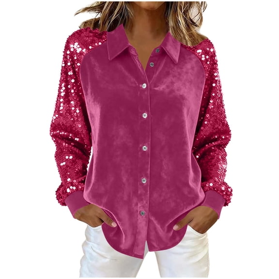 Womens Sequins Velvet Shirts Lapel Collared Button Down Long Sleeve Blouses Sparkly Trendy Dressy Casual Holiday Party Tops