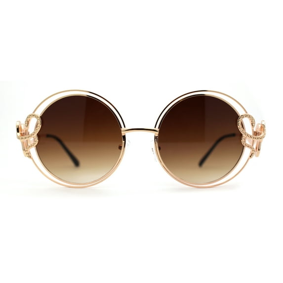 Womens Serpent Snake Jewel Arm Round Circle Metal Rim Sunglasses Gold Brown