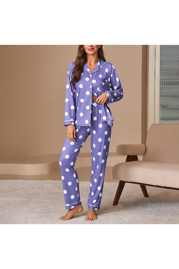 Womens Set 2 Piece lounge sets Long Sleeve Button Down Loungewear polka dots Sleepwear Soft Pj Chest Pocket