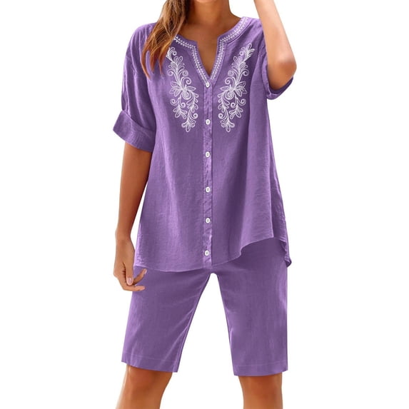 Womens Sets 2 Piece Outfits Casual Short Sleeve Button Down Shirt and Shorts Loungewear Summer Clothes
