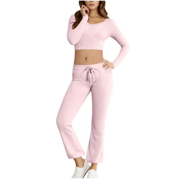 Womens Sets 2 Piece Outfits Casual, Women's Long Sleeved Button up Solid Color Tight Tops with Pants Two-Piece Set New Women's Casual 2 Piece Outfits Pinky XL