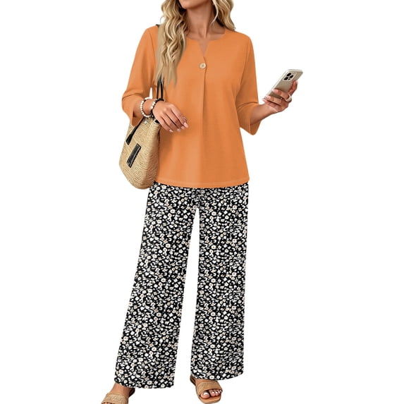 Womens Sets 2 Piece Outfits Elbow Sleeve Tops and Wide Leg Long Pants Lounge Sets Summer Spring Vacation Travel Outfits Fashion Clothing