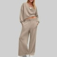 thumbnail image 1 of Womens Sets 2 Piece Outfits Fall Fashion New Womens Loungewear Sets Loose V Neck Long Sleeve Sweatshirt Wide Leg Pants 2 Piece Tracksuit Outfits with Pockets Khaki XXL, 1 of 9