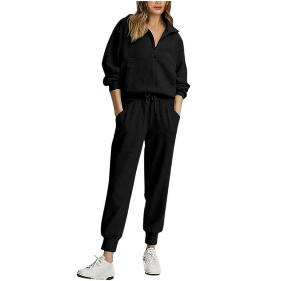 Womens Sets 2 Piece Outfits Fall Solid Color Tracksuits Half Zip Long Sleeve Top Pant Sweatsuit Jogger Sweatpants Suit with Pockets (Black L)