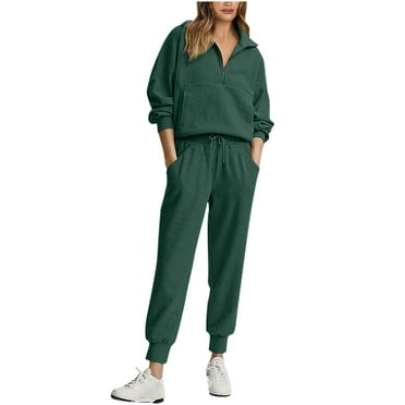 Womens Sets 2 Piece Outfits Fall Solid Color Tracksuits Half Zip Long Sleeve Top Pant Sweatsuit Jogger Sweatpants Suit with Pockets (Green L)
