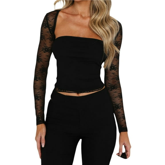 Womens Sets 2 Piece Outfits Lace Bolero Shrug See Through Floral Cardigan Long Sleeve Sheer Mesh Crop Y2K Tops