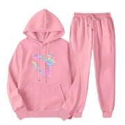 CHARELLA Womens Sets 2 Piece Outfits Long Sleeve Hoodies Tops Pants Jogger Sweatsuit Casual Heart Print Sweatshirt Oversized Hooded (Pink S）