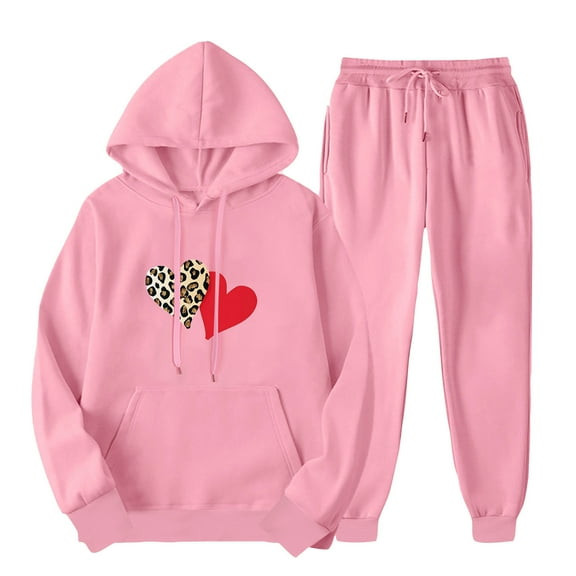 Womens Sets 2 Piece Outfits Long Sleeve Hoodies Tops Pants Jogger Sweatsuit Casual Heart Print Sweatshirt Oversized Hooded (Pink S)