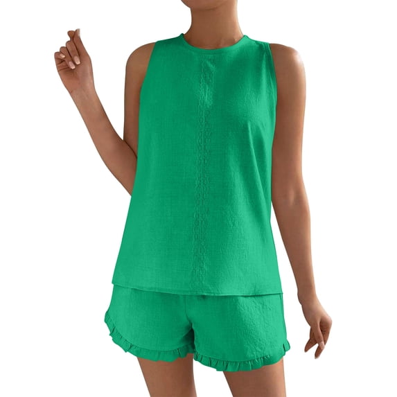 Womens Sets 2 Piece Outfits New 2 Piece Outfits Sets for Women Summer Beach Sleeveless Tank Tops and High Waisted Shorts Ruffle Lounge Set Green XL