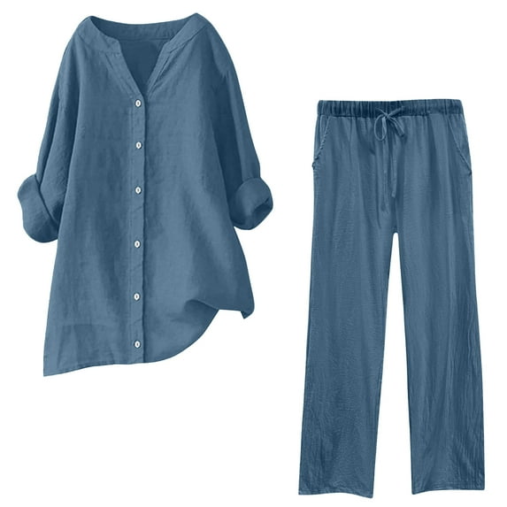 Womens Sets 2 Piece Outfits New Plus Size Outfits Set for Women Casual Loose Long Sleeve Shirt and Drawstring Pants 2 Piece Matching Sets Light Blue XXL