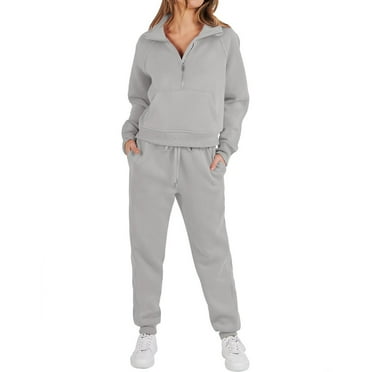 Womens Sets, Womens 2 Piece Outfits, 2 Piece Outfits for Women, Womens 2 Piece Sweatsuits Set Long Sleeve Half Zip Pullover Sweatshirt Joggers Sweatpants Fall Outfits Tracksuit, Light Gray, L
