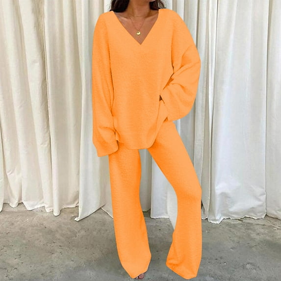 Womens Sets 2 Piece Outfits Soft Warm Fleece V Neck Sweater and Wide Leg Pants Set Spring Winter Outfits Loungewear (X-Large, Orange)