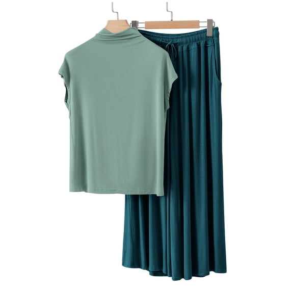 Womens Sets 2 Piece Outfits Summer New Women's Mock Neck Pajamas Sets, Short Sleeve Soft Tops Matching Wide Leg Pants 2 Piece Summer Lounge Outfits Army Green XXL