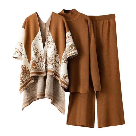 Womens Sets Casual Cape Cardigan Thermal Mock Neck Top Loose Wide Leg Pants Fall Winter Three Piece Set Orange Free Size
