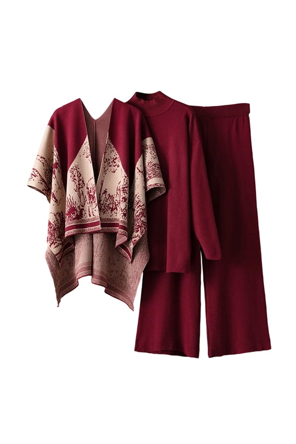 Womens Sets Casual Cape Cardigan Thermal Mock Neck Top Loose Wide Leg Pants Fall Winter Three Piece Set Wine Free Size
