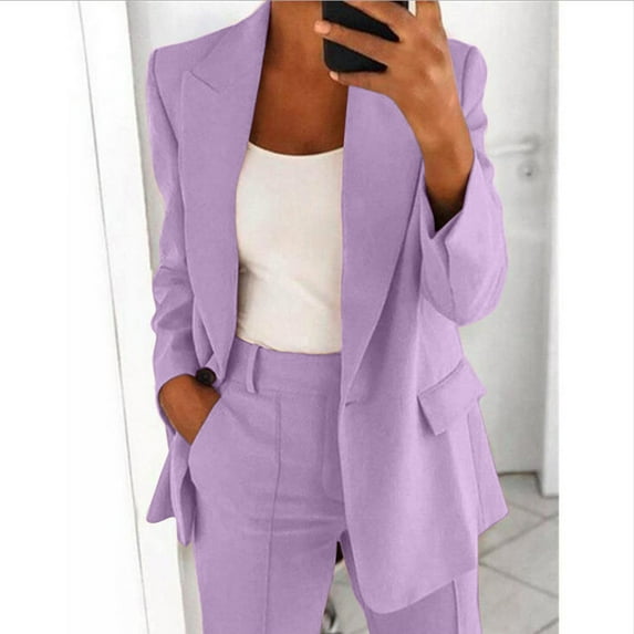 Womens Sets Women Casual Plus Size 2 Piece Outfits Solid Long Sleeve Cardigan Blazer Pockets Long Pants Suit