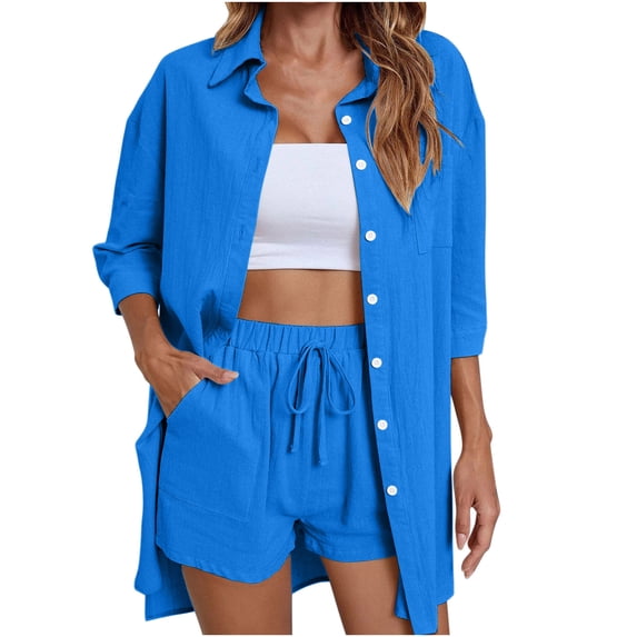 Womens Sets Short Sleeve Shirts and Shorts 2 Piece Womens Outfit Sets Short Sets for Women Button Down Shirts and Shorts Casual Fashion Women 3/4 Sleeve Tops and Short Pants Casual Sets with Pockets