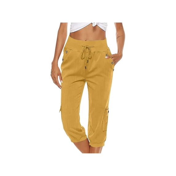 Womens Seven-Sevenths Pants Capris With Pockets Loose Fit Casual Capri Pants Dressy Lightweight Ladies Baggy Cargo Pants For Hiking Summer Drawstring Cargo Pants Yellow S