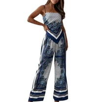 Womens Sexy 2 Piece Vacation Outfits Graphic Strapless Tie Back Tube Top Matching Wide Leg Pants Lounge Holiday Sets