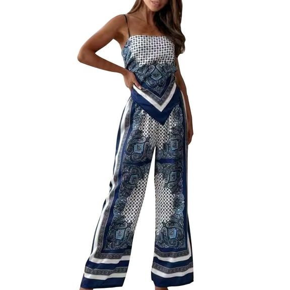 Womens Sexy 2 Piece Vacation Outfits Graphic Strapless Tie Back Tube Top Matching Wide Leg Pants Lounge Holiday Sets