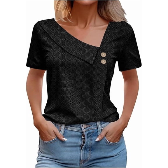 Blouses for Women Summer Asymmetric Lapel Eyelet Embroidery Button Front Short Sleeve Tops Curved Hem Soft T-Shirts