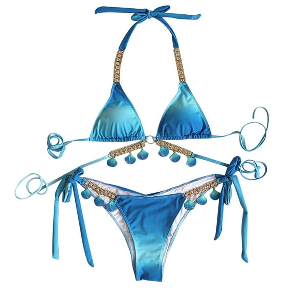 Womens Sexy Bikini Swimsuits Crystal Side Bottom Triangle Bikini Halter Swimsuits Bathing Suit