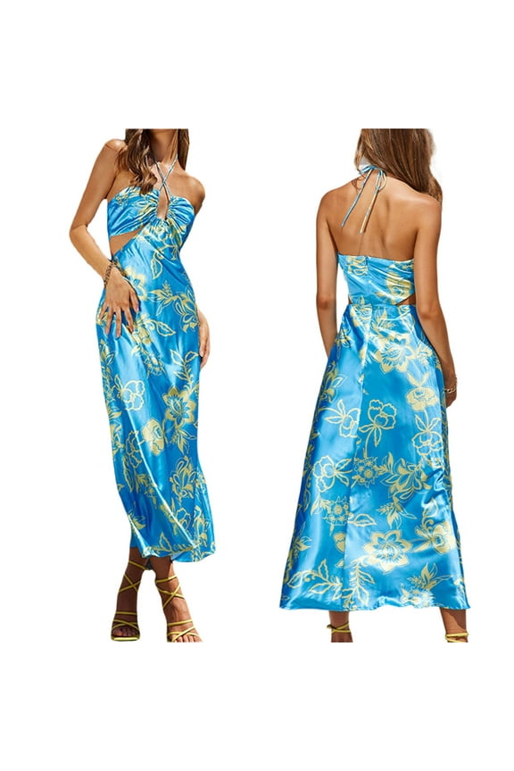 Womens Sexy Bodycon Cut Out Satin Long Dress Floral Print Backless Maxi Dress Spaghetti Strap Cocktail Dress