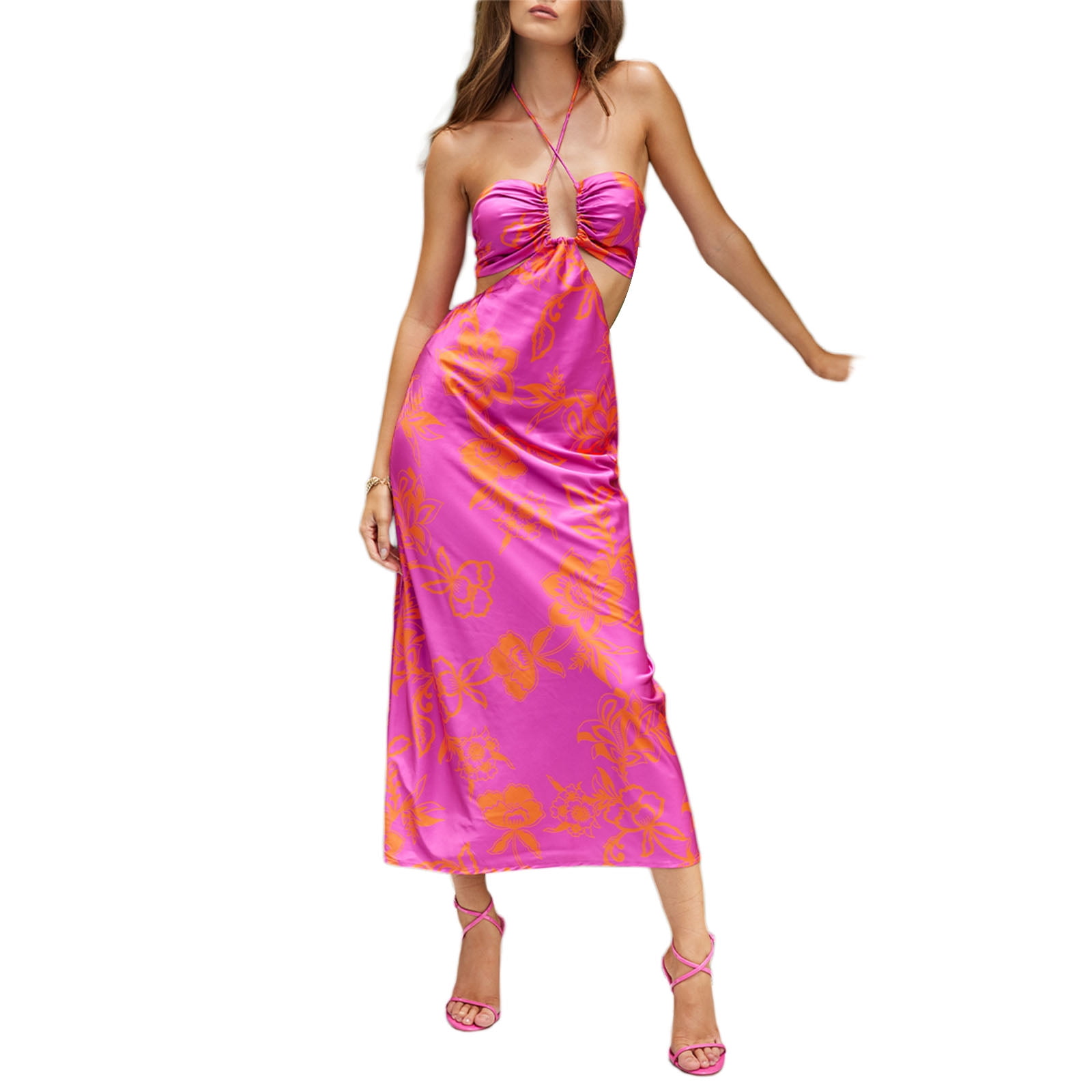Womens Sexy Bodycon Cut Out Satin Long Dress Floral Print Backless Maxi  Dress Spaghetti Strap Cocktail Dress - Walmart.com