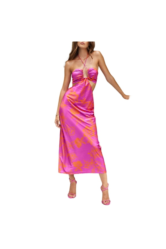 Womens Sexy Bodycon Cut Out Satin Long Dress Floral Print Backless Maxi Dress Spaghetti Strap Cocktail Dress