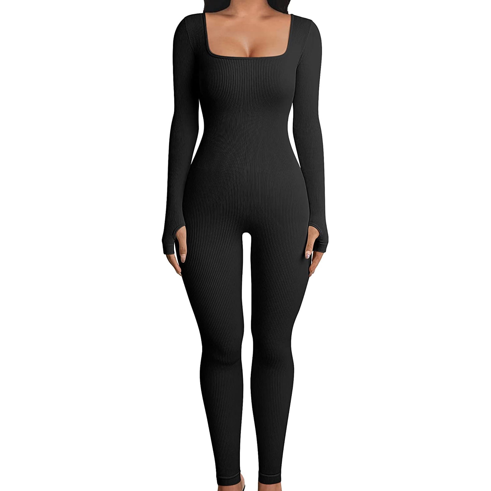 Womens Sexy Bodycon Long Sleeve Square Neck One Piece Romper Ribbed ...