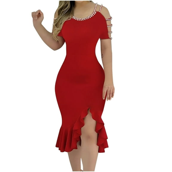 Womens Sexy Bodycon Party Dress Cold Shoulder Pearls Strap Midi Dress Ruffle Hem Elegant Cocktail Dresses