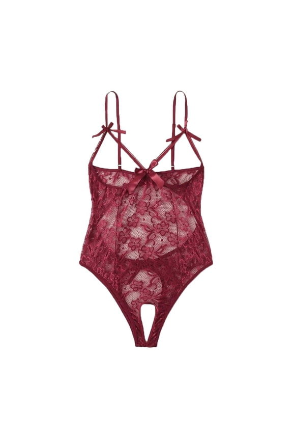 Womens Sexy Bodysuit Lingerie One Piece Clearance Crotch Backless Hollow Lace Bow Teddy Open One Piece Jumpsuit